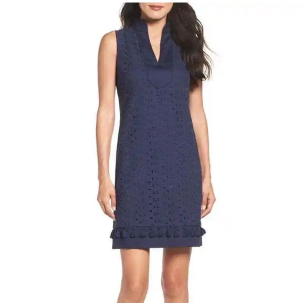Eliza J V Neck Sleeveless Mandarin Collar Lace Shift Dress Navy Tassels Size 8